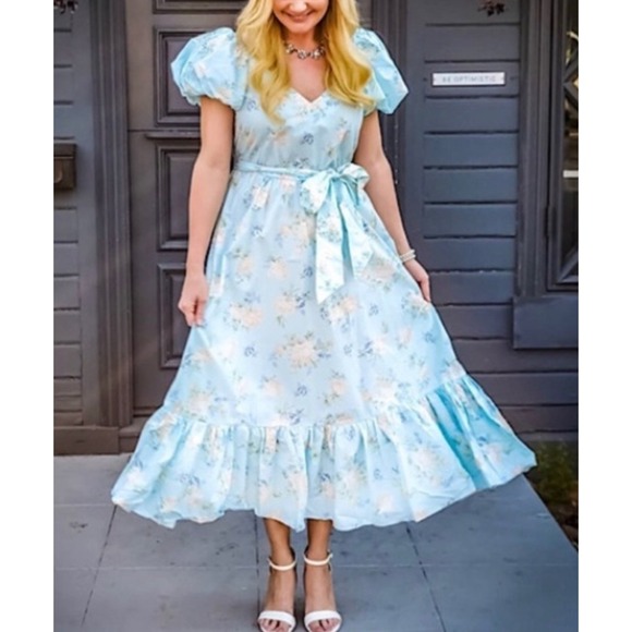 LoveShackFancy Dresses & Skirts - LoveShackFancy Light Blue Floral Maxi Dress Puff Sleeve Cottagecore Summer